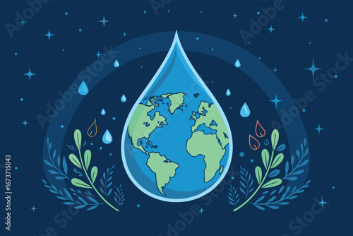 A luminous, Earth-shaped water droplet glowing brightly, representing global unity, hope, and environmental stewardship.