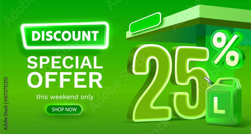 Discount on a canister of gasoline liters, 25 percent discount on liters. Vector illustration