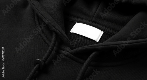 Close-up of a black hoodie with a blank white tag revealing fabric texture and design details.
