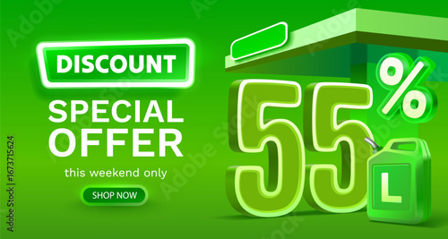Discount on a canister of gasoline liters, 55 percent discount on liters. Vector illustration