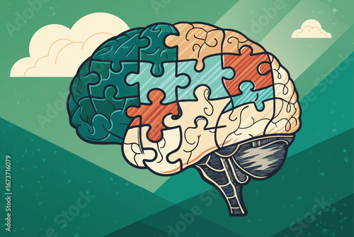 Intricate human brain puzzle pieces interlock, showcasing connectivity, cognition, and neural pathways, scientific discovery.