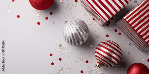 Elegante Weihnachtsdeko auf einer Unterlage. Weihnachtskugeln und Geschenkboxen