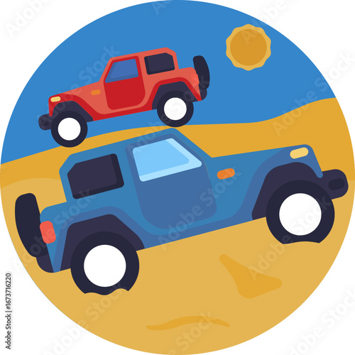 Off-road jeep driving across sandy desert terrain.