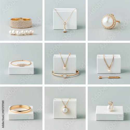 Minimalist Jewelry Pieces – Photorealistic 3x3 Grid Collection