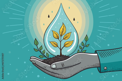 Human hand cradles enormous luminous water droplet, symbolizing purity, life, and essential resource conservation.
