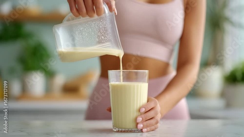 Fit woman pouring protein shake into glass in kitchen