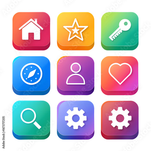 Collection of colorful app icons with home, star, key, compass, user, heart, magnifier, gear symbols isolated on transparent background