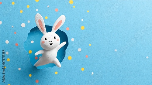 A cheerful white bunny character with pink ears peeks through a torn blue wall, surrounded by colorful confetti.