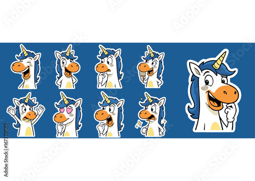Unicorn Cartoon Character Emotion Stickers Set Vector Illustration

