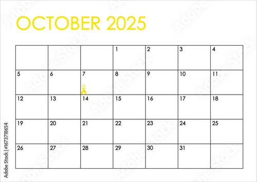 October 2025 month calendar - Sunday to Saturday format. Simple yellow, black and white color and yellow ribbon symbol for the fight to return hostages held by Hamas in Gaza