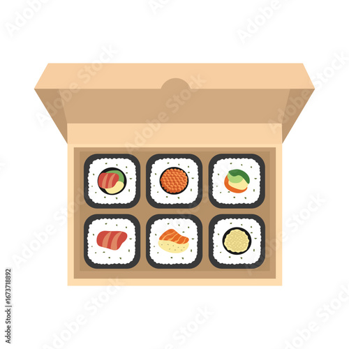 Sushi box assortment a delicious set of rolls with variety. Sushi delivery box. Sushi takeaway box