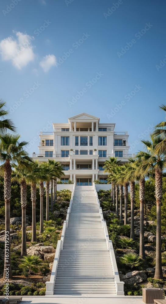 Fototapeta premium Majestic grand staircase leads to luxurious white building under a clear blue sky surrounded by palms