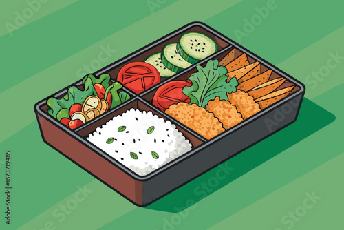 Exquisite Japanese bento box, featuring fluffy white rice, golden crispy tempura, vibrant steamed vegetables, pickled ginger, sesame seeds, nori seaweed, and soy sauce.