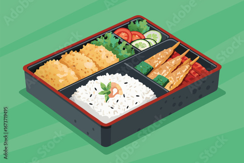A meticulously crafted Japanese bento box, showcasing fluffy white rice, crispy golden tempura shrimp and vegetables, and vibrant side dishes.