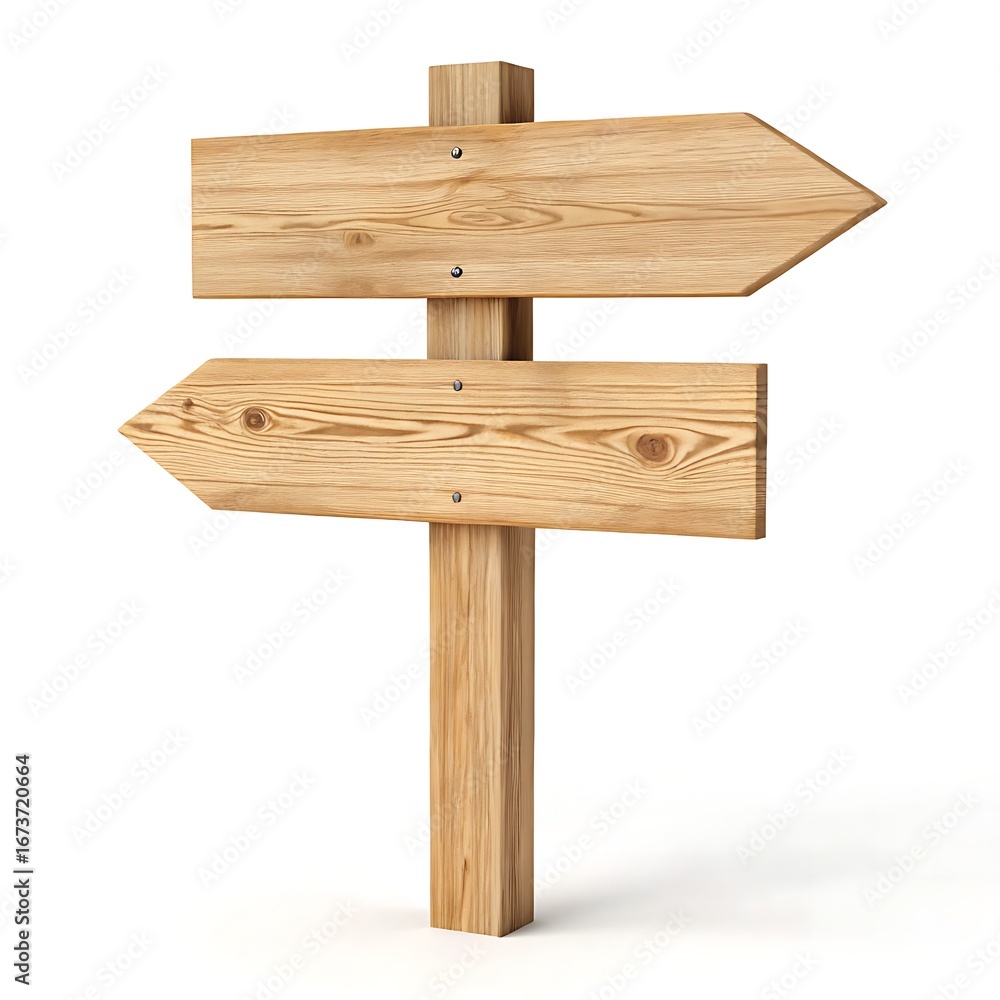 Fototapeta premium Two weathered wooden directional signs pointing in opposite directions on a white background