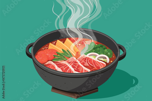 Exquisite Japanese shabu shabu hot pot, succulent thin-sliced beef, vibrant vegetables, steaming broth, glowing wisps, appetizing presentation, culinary delight.