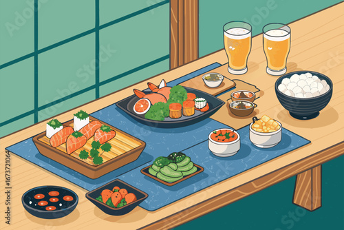Japanese izakaya restaurant table brimming with small plates, sushi, skewers, beer, sake, and patrons enjoying the lively atmosphere.