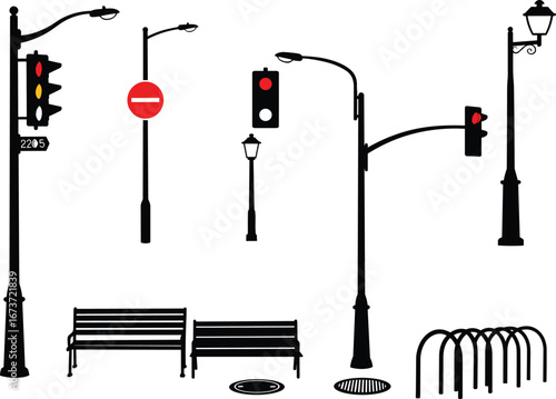 Urban street silhouette set, traffic lights, stop sign, lamppost, benches, bike rack, city vector illustration, black and white design, road elements, public space