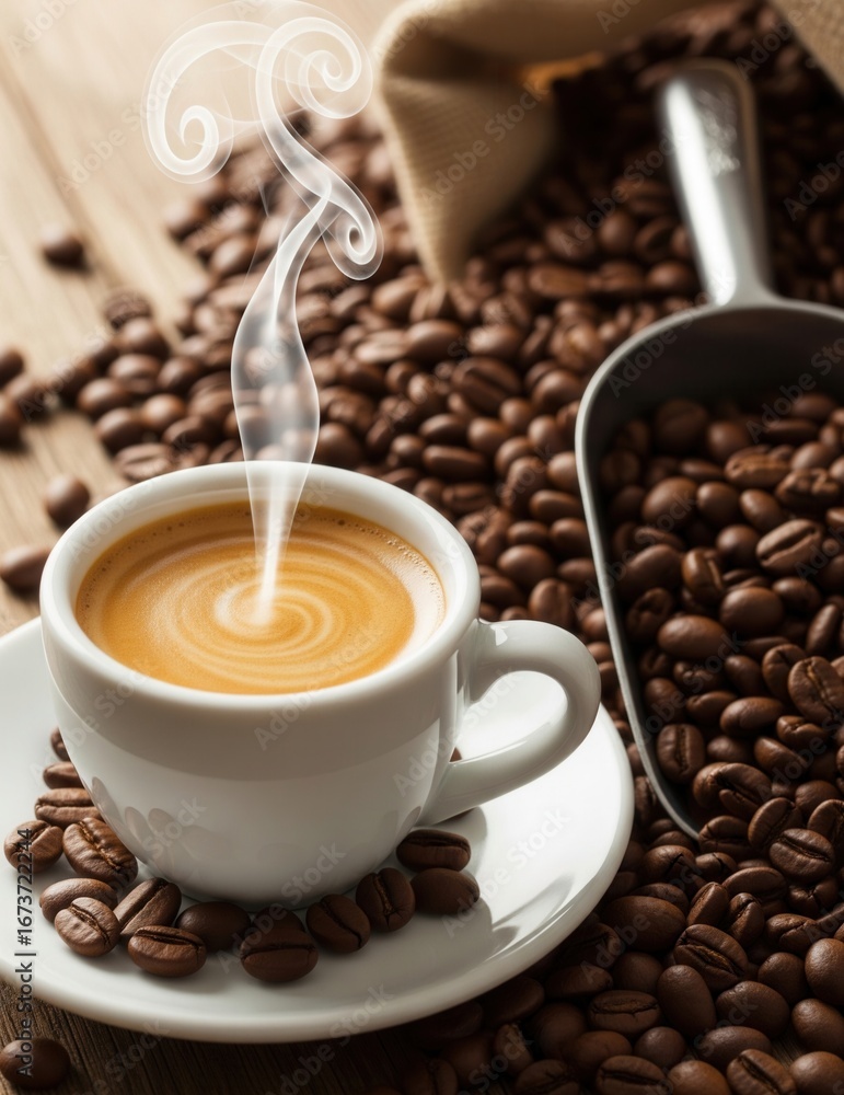 Fototapeta premium Steaming Cappuccino in White Cup Surrounded by Coffee Beans on Wooden Surface