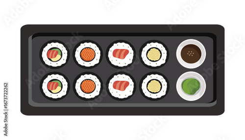 Sushi Platter with Soy Sauce and Wasabi. Sushi maki. Sushi roll. Japanese food. Tuna sushi.