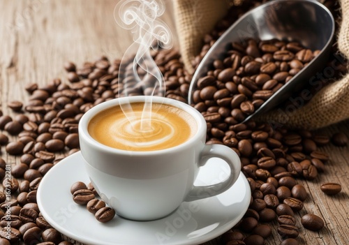 Steaming Cappuccino in White Cup Surrounded by Coffee Beans on Wooden Surface

