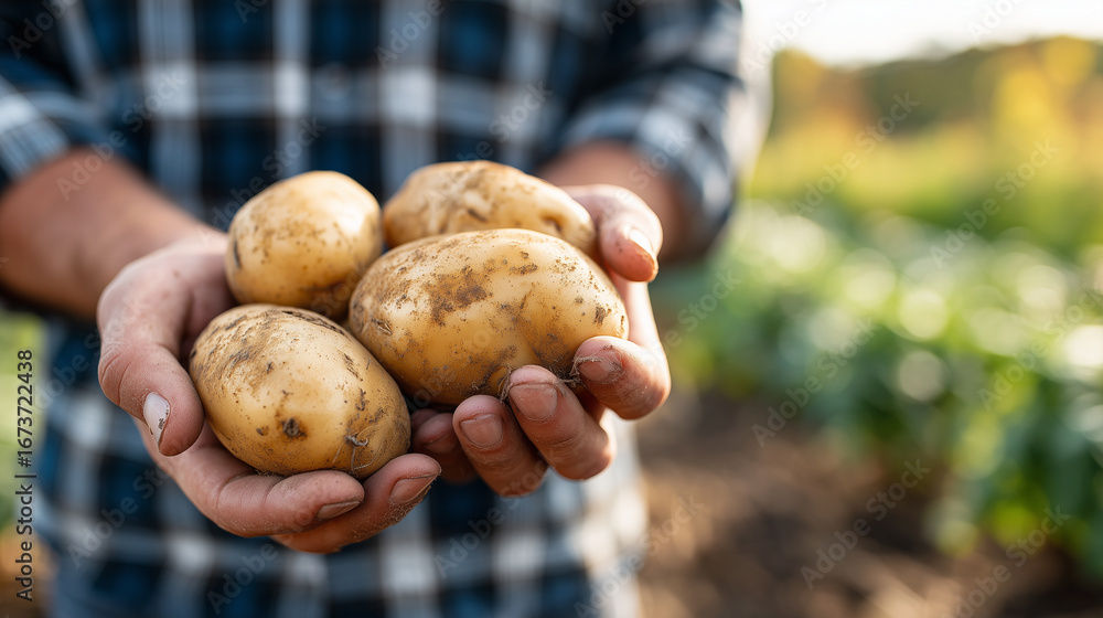 Freshly harvested potatoes held in farmer’s hands on an organic field as symbol of agriculture, farming and healthy food production. Freshly harvested potatoes held in farmer’s hands on an organic field as symbol of agriculture, farming and healthy food production.