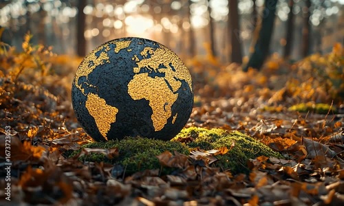Earth globe in autumnal forest