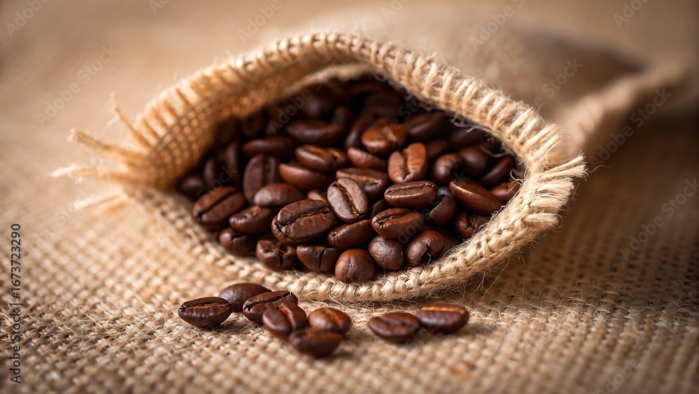 Fototapeta premium Close up of roasted coffee beans spilling out of a burlap sack onto a textured surface