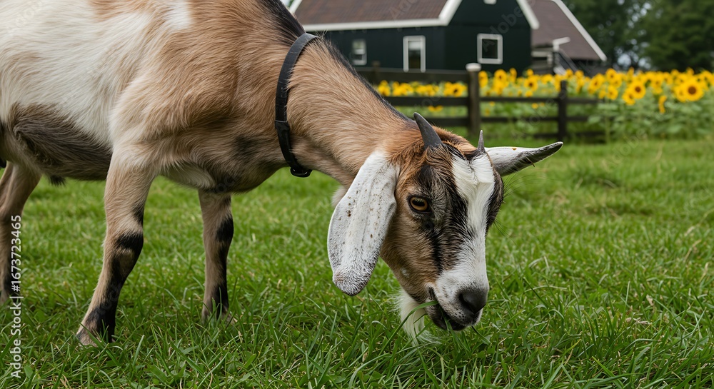Obraz premium Goat Grazing in a Sunflower Field.