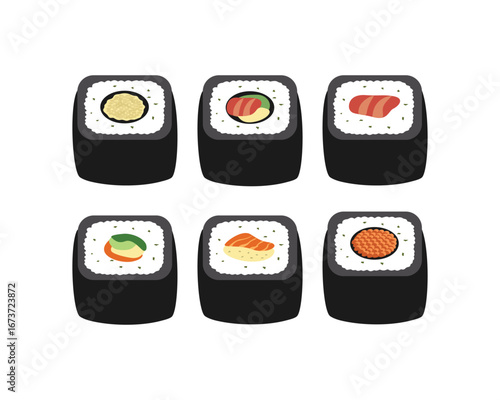 Sushi Rolls Assortment Maki, Temaki, and Nigiri. Sushi rice. Sushi maki. Sushi roll. Asian dish. Japan food.