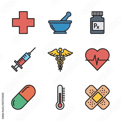 Healthcare icons represent medication diagnosis treatment in vector style