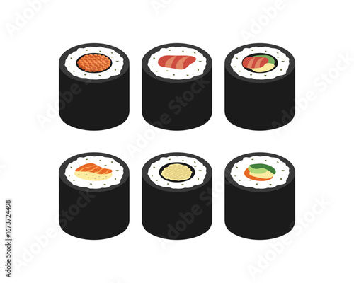 Assorted Sushi Rolls A Delicious Culinary Display. Sushi roll. Maki sushi illustration. Oishi sushi. Japanese cuisine. Asian dish.