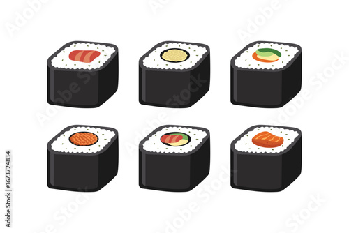 Assortment of Delicious Maki Sushi Rolls. Tuna sushi. Salmon sushi. Korean sushi. Japanese food. Japan traditional food.