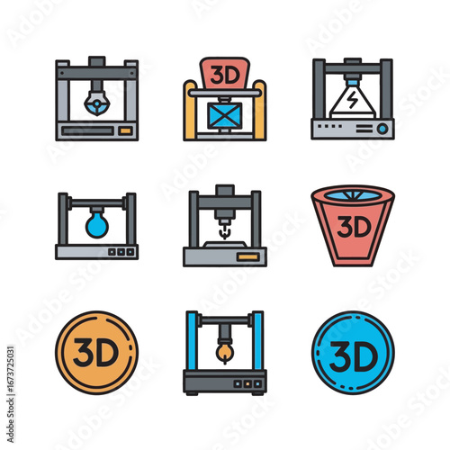 Various 3d printers print designs on white backdrop illustration