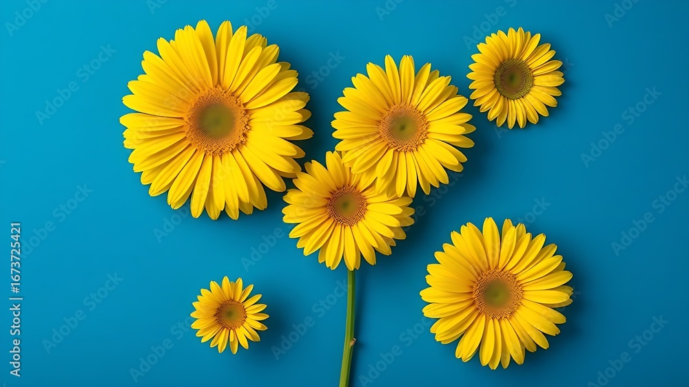 Fototapeta premium Vibrant yellow gerbera daisies arranged artistically against a deep blue background, minimalist floral concept.