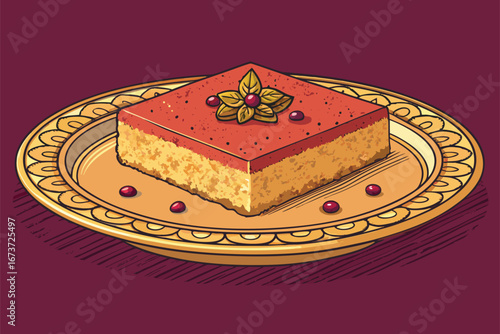 Exquisite golden kunafa pastry, perfectly browned, layered with sweet cheese, drizzled with syrup, garnished with pistachios, a decadent dessert.