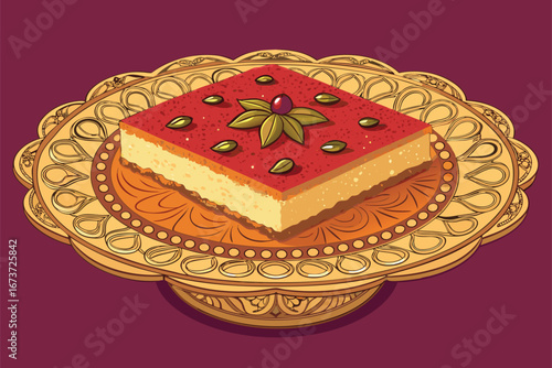 Exquisite Middle Eastern kunafa, golden-brown crispy strands, sweet cheese, pistachios, rose petals, opulent gold platter, dessert, culinary delight.