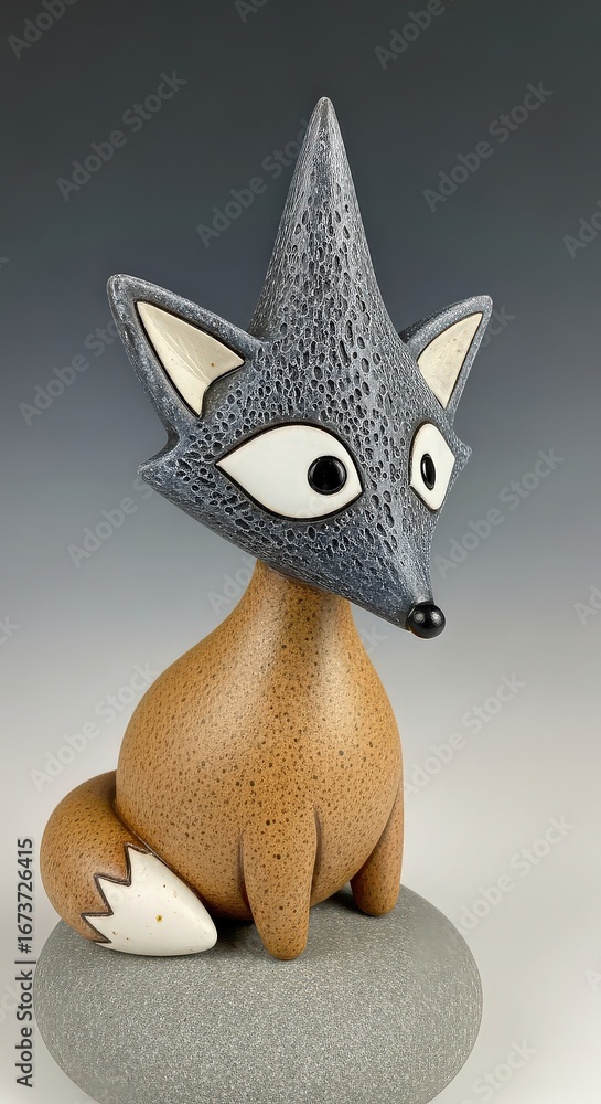 Fototapeta premium Whimsical handmade ceramic fox figurine with expressive eyes and unique patterned head