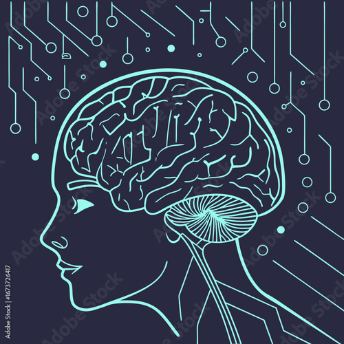Stunning abstract representation of a human brain integrated with digital circuitry, symbolizing artificial intelligence and technological innovation, perfect for futuristic concepts.