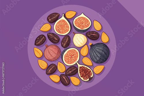 Beautifully arranged ornamental food poster featuring ripe figs, sweet dates, and crunchy almonds, artfully presented.