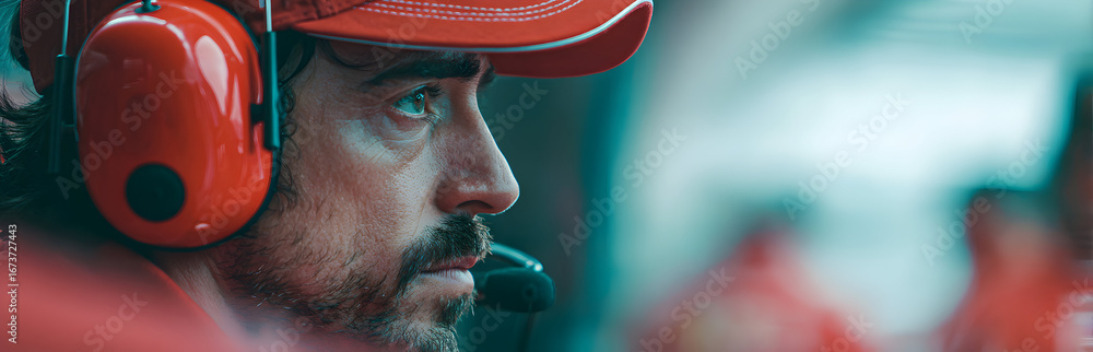 Fototapeta premium Focused race team member wearing headset looks intently at the track during a pit stop, showing dedication and anticipation.