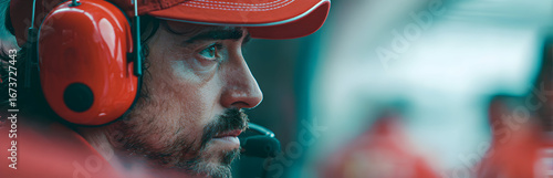 Focused race team member wearing headset looks intently at the track during a pit stop, showing dedication and anticipation.