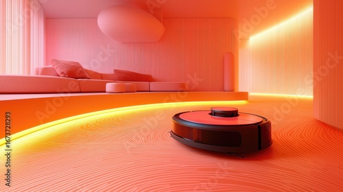 Robotic vacuum cleaner in a vibrant coral living area.