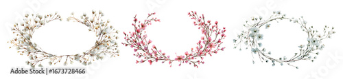 Set of round frames of watercolor gypsophila flowers. Watercolor white and red gypsophila in a round frame with space for text. Floral frames for wedding invitations. Vector illustration.