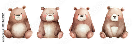 Watercolor set of cute bears png. Cute cartoon brown bears sitting on the floor. Watercolor cute baby characters. Children's characters of forest animals.