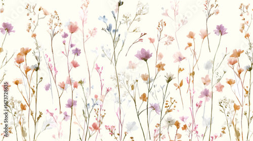 Watercolor background with wildflowers. Prints of small wildflowers and meadow flowers. Bright floral background. Watercolor wildflowers, meadow and garden flowers. Vector illustration.