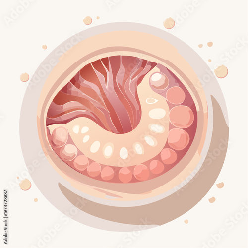 Stylized vector diagram illustrating the intricate stages of early embryonic development, possibly a blastula, presented with geometric precision and a contemporary infographic aesthetic