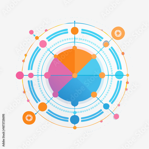 Vector illustration of a complex circular infographic diagram with a colorful radial chart and a futuristic network of interconnected nodes