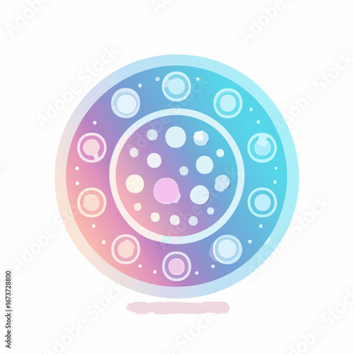 Abstract biological process illustration with glowing cell structures and dividing elements, rendered in a soft, ethereal gradient palette of blue, pink, and purple