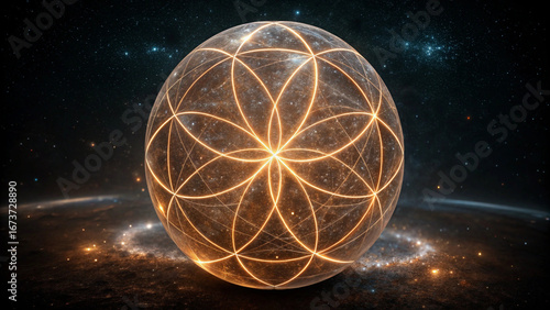 Cosmic Sphere with Sacred Geometry Pattern in Nebula universe space